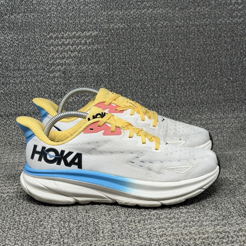 Hoka One One Clifton 9 Women's 8.5 B White Blue Yellow Running Shoes 1127896 BSW